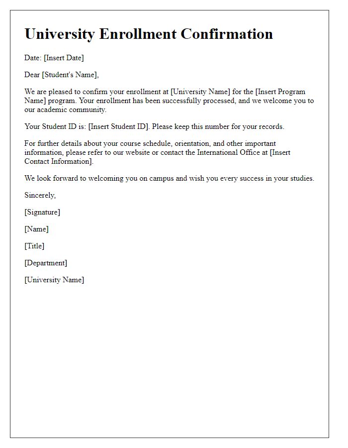 Letter template of university enrollment confirmation for international students.