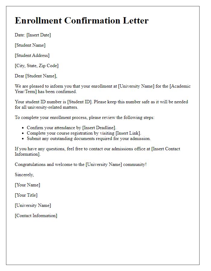 Letter template of university enrollment confirmation for newly admitted students.