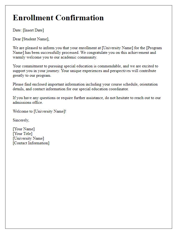 Letter template of university enrollment confirmation for special education students.