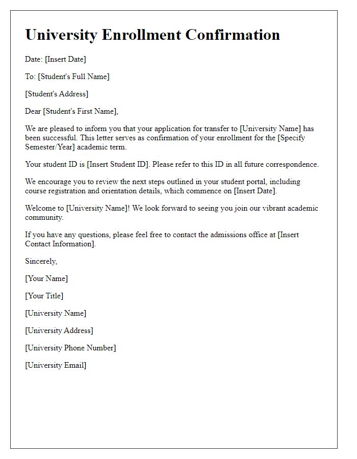 Letter template of university enrollment confirmation for transfer students.