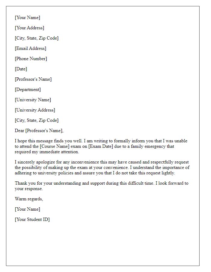 Letter template of university exam absence excuse for family emergency.