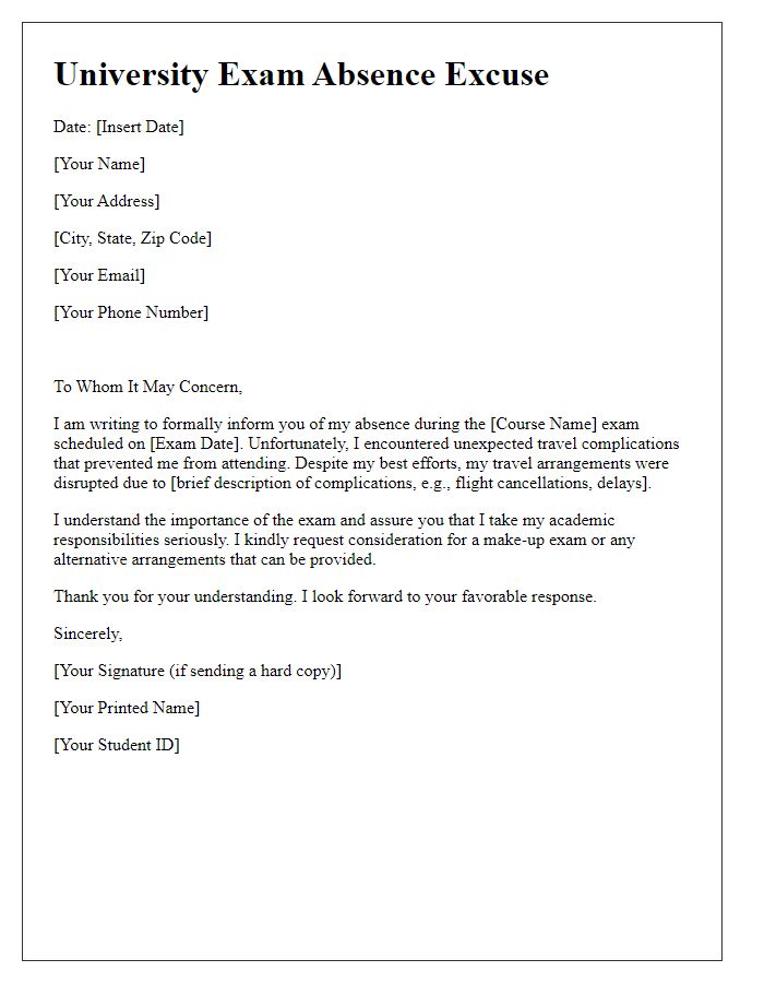 Letter template of university exam absence excuse for travel complications.