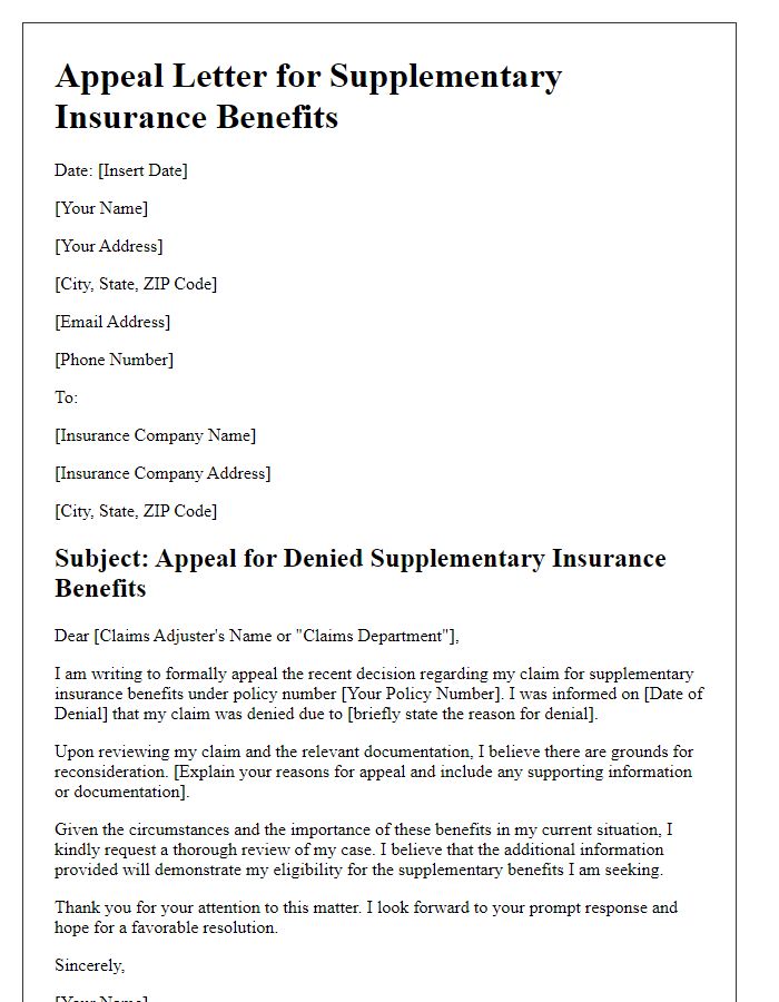 Letter template of appeal for supplementary insurance benefits.