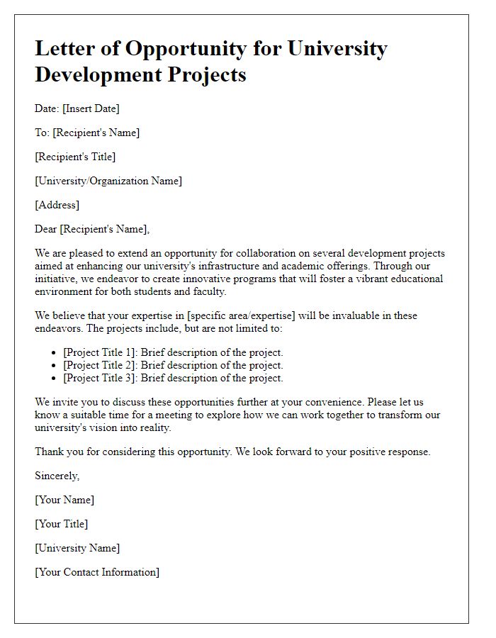 Letter template of giving opportunity for university development projects