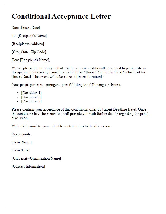 Letter template of conditional acceptance for university panel discussion