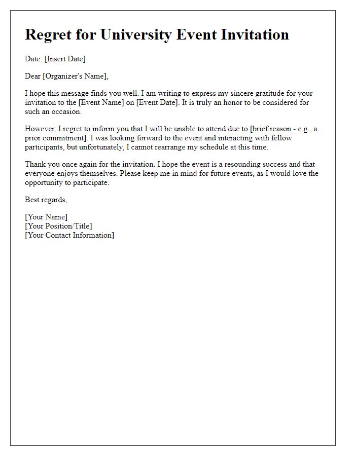 Letter template of regret for university event invitation