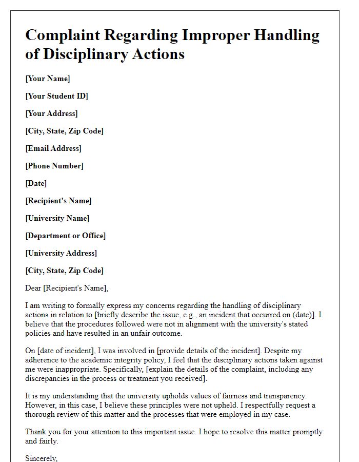 Letter template of university student complaint on improper handling of disciplinary actions.