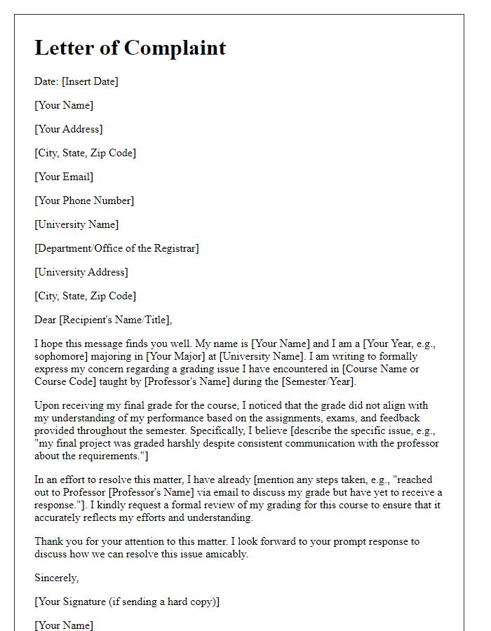 Letter template of university student complaint regarding academic grading issues.