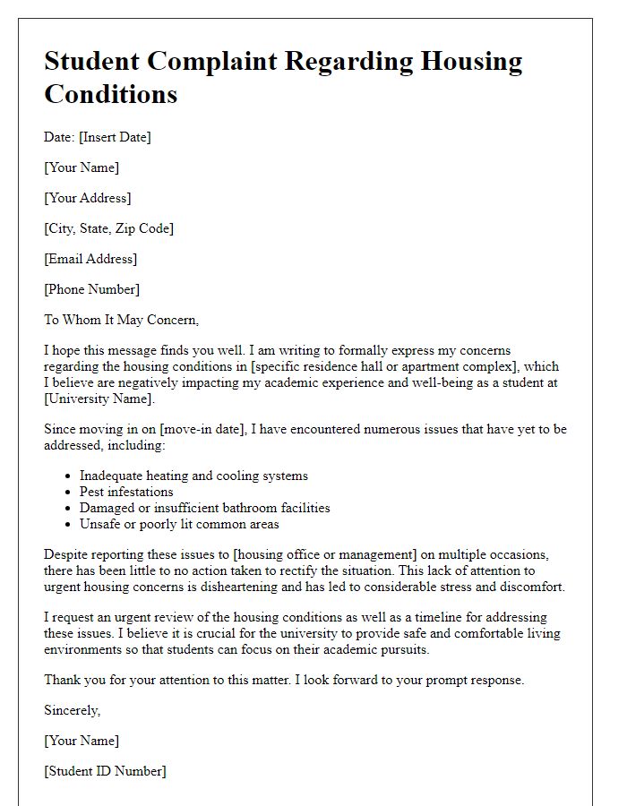 Letter template of university student complaint related to housing conditions.