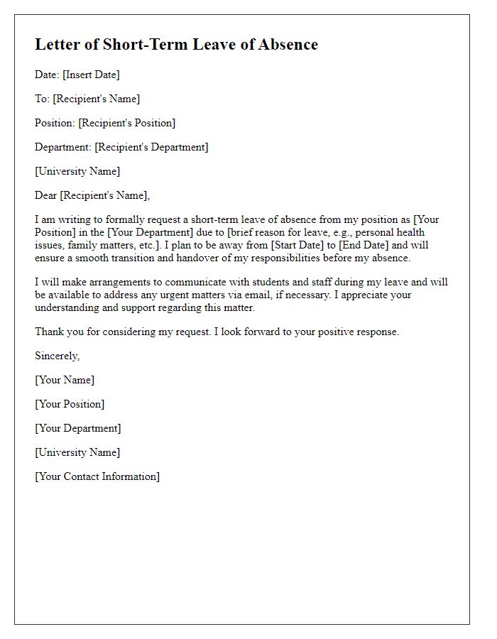 Letter template of short-term leave of absence for university professors