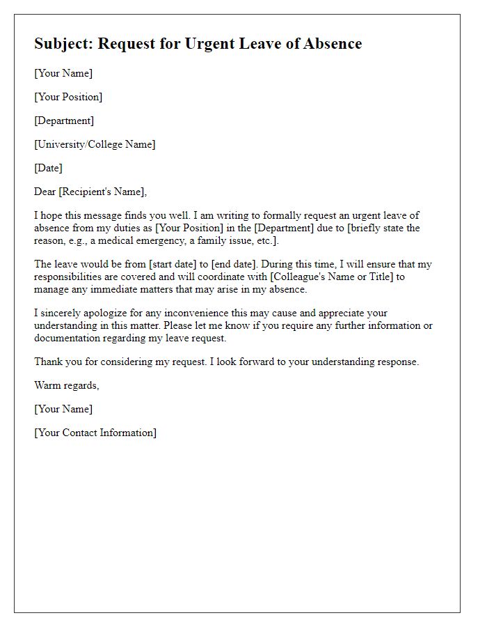 Letter template of urgent leave of absence for faculty