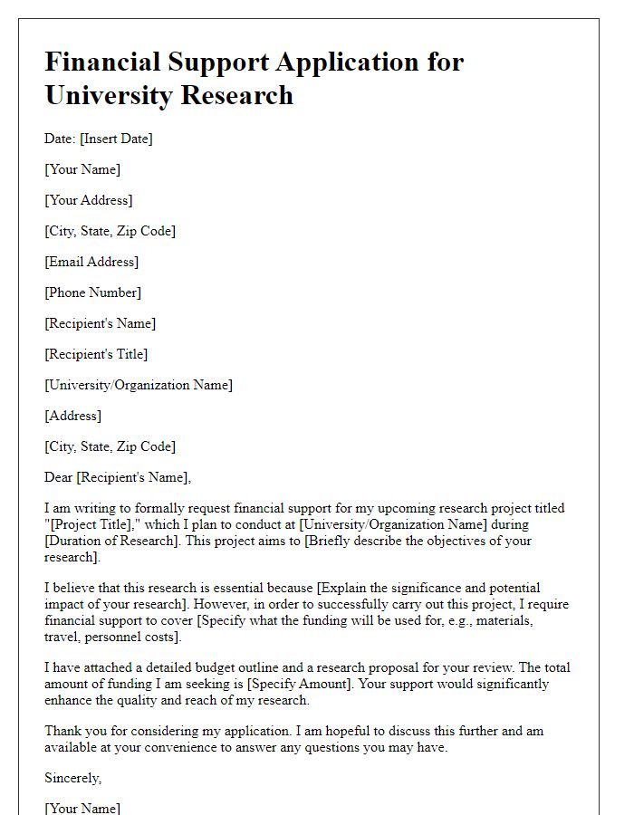 Letter template of financial support application for university research