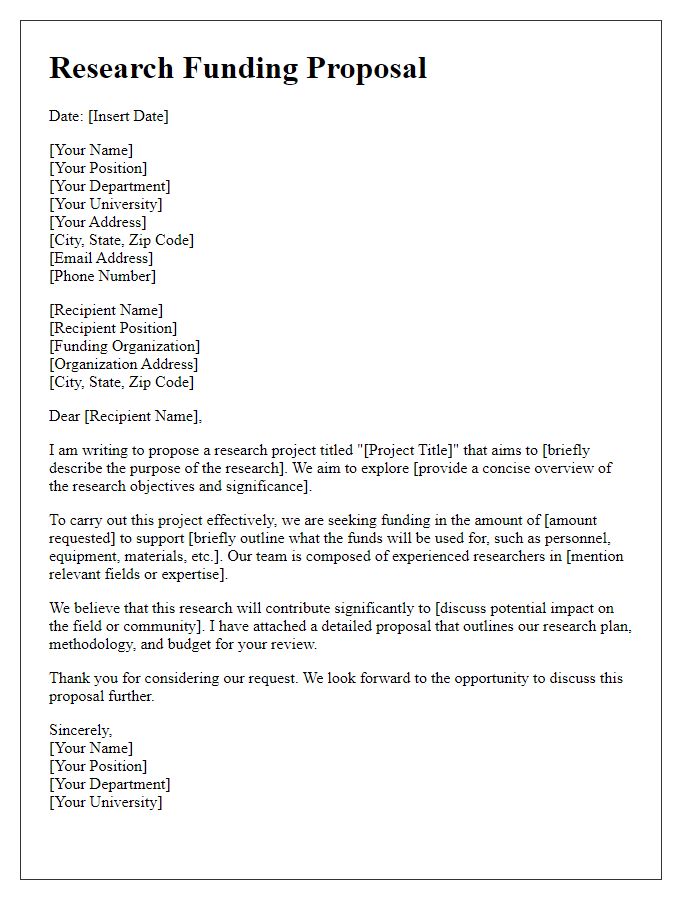 Letter template of research funding proposal for university project