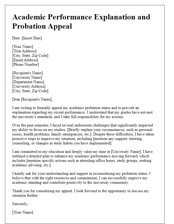 Letter template of explanation for academic performance and probation appeal