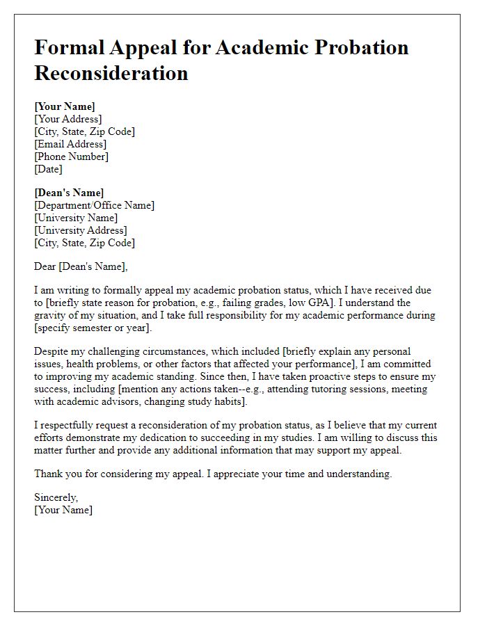 Letter template of formal appeal for academic probation reconsideration