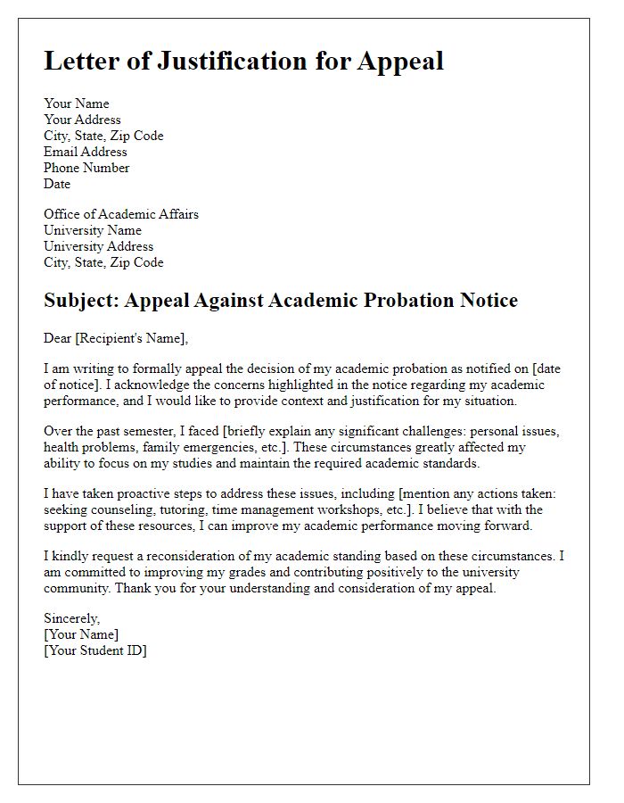 Letter template of justification for appeal against academic probation notice