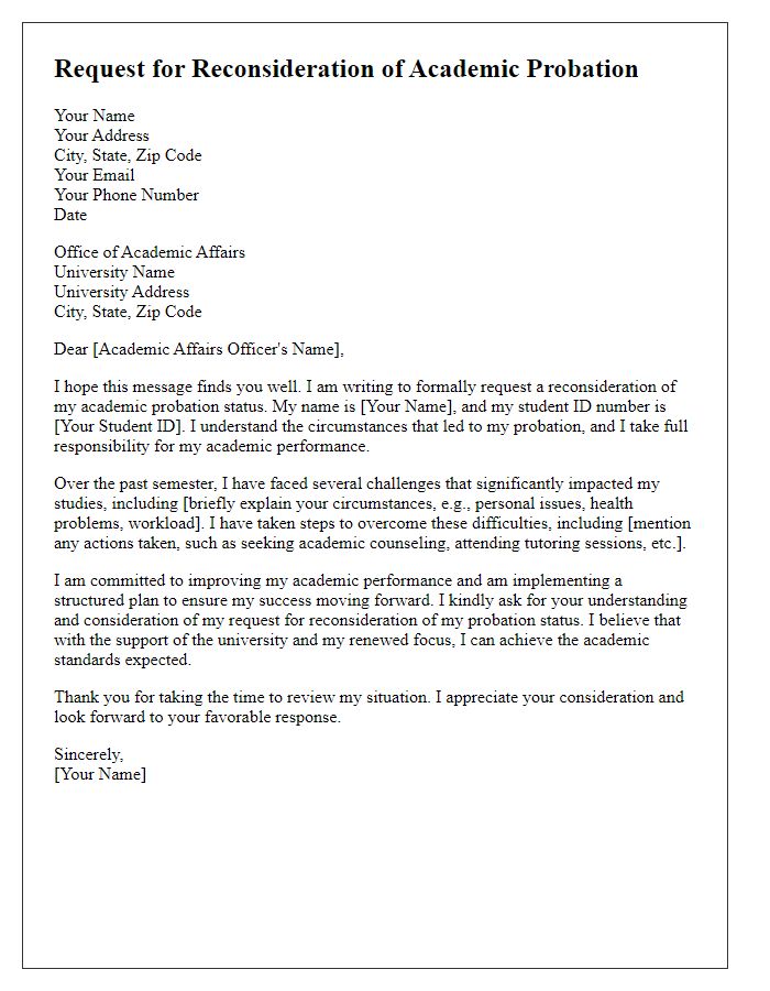 Letter template of request for reconsideration of academic probation at university