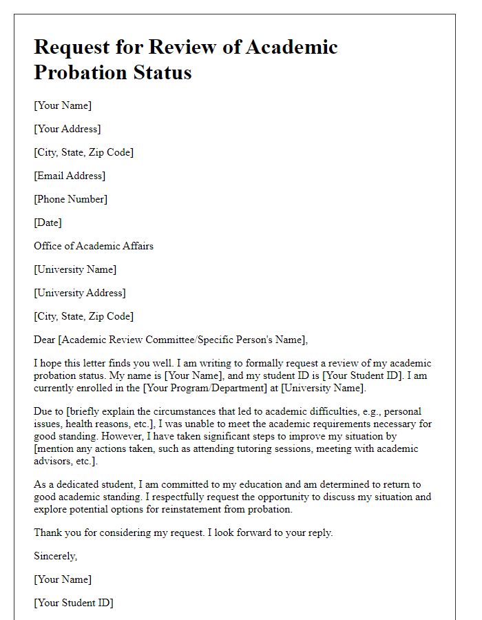 Letter template of request to review academic probation status at university