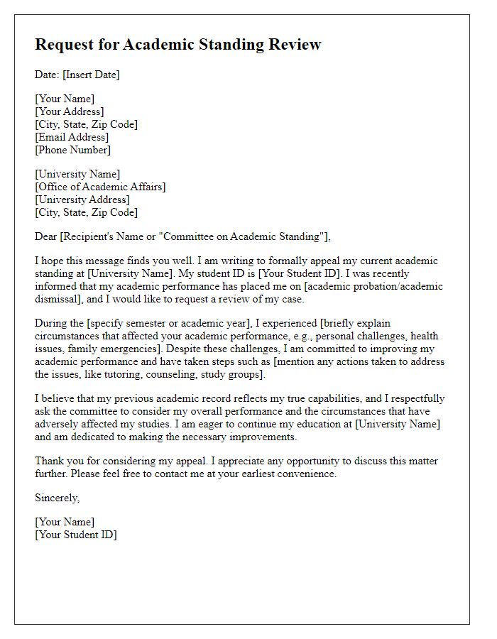 Letter template of university appeal request for academic standing review