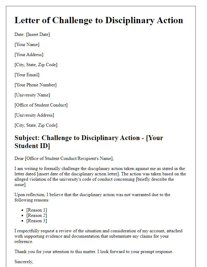 Letter template of university disciplinary action challenge for code of conduct issues.