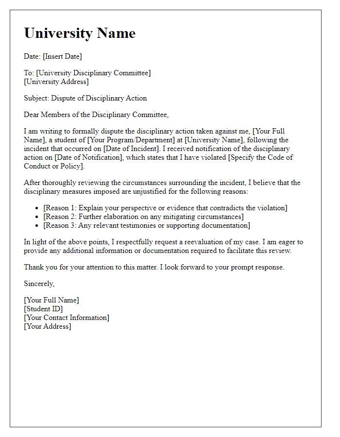 Letter template of university disciplinary action dispute regarding student conduct.