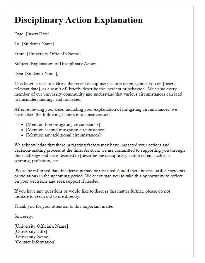 Letter template of university disciplinary action explanation for mitigating circumstances.