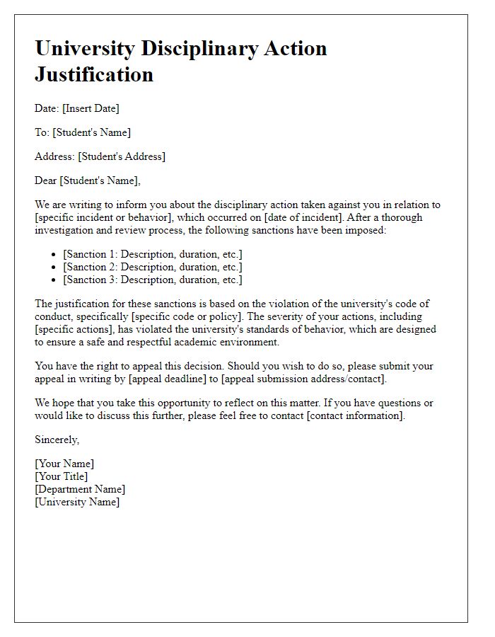 Letter template of university disciplinary action justification for sanctions received.