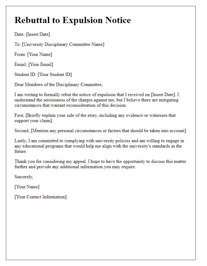 Letter template of university disciplinary action rebuttal for expulsion notice.