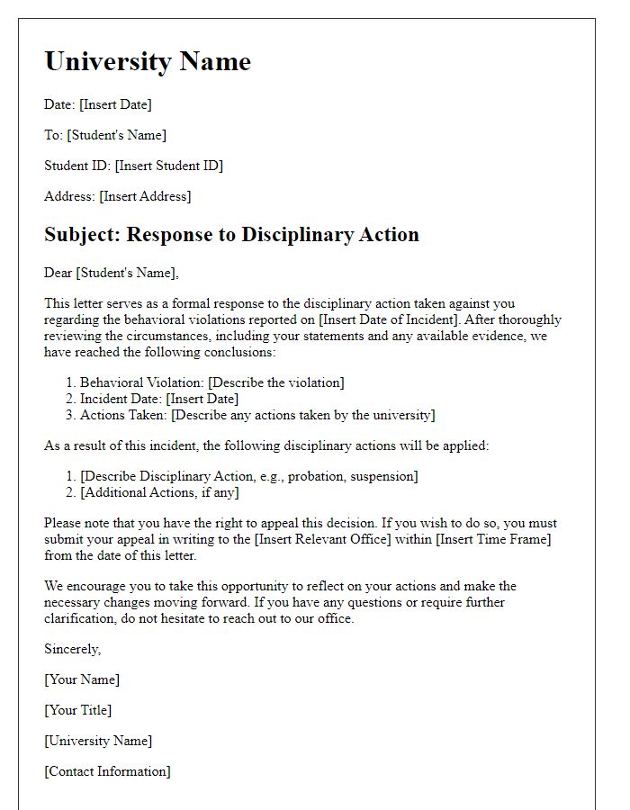 Letter template of university disciplinary action response for behavioral violations.