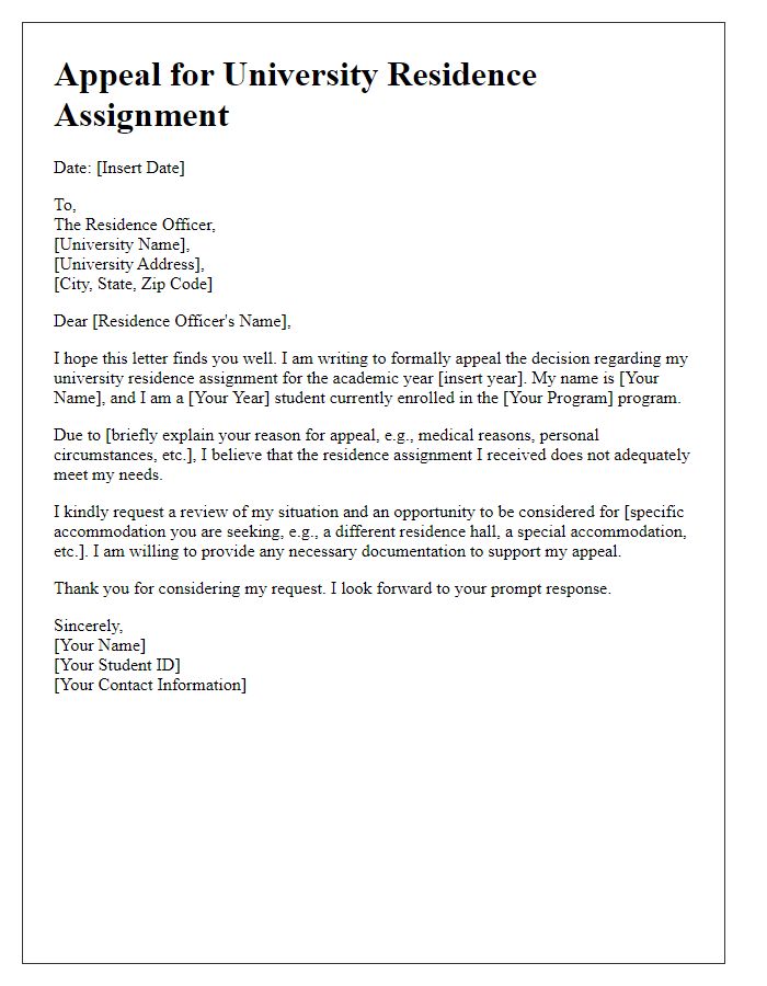 Letter template of appeal for university residence assignment.