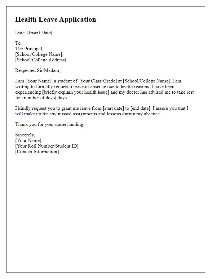 Letter template of formal health leave application for students