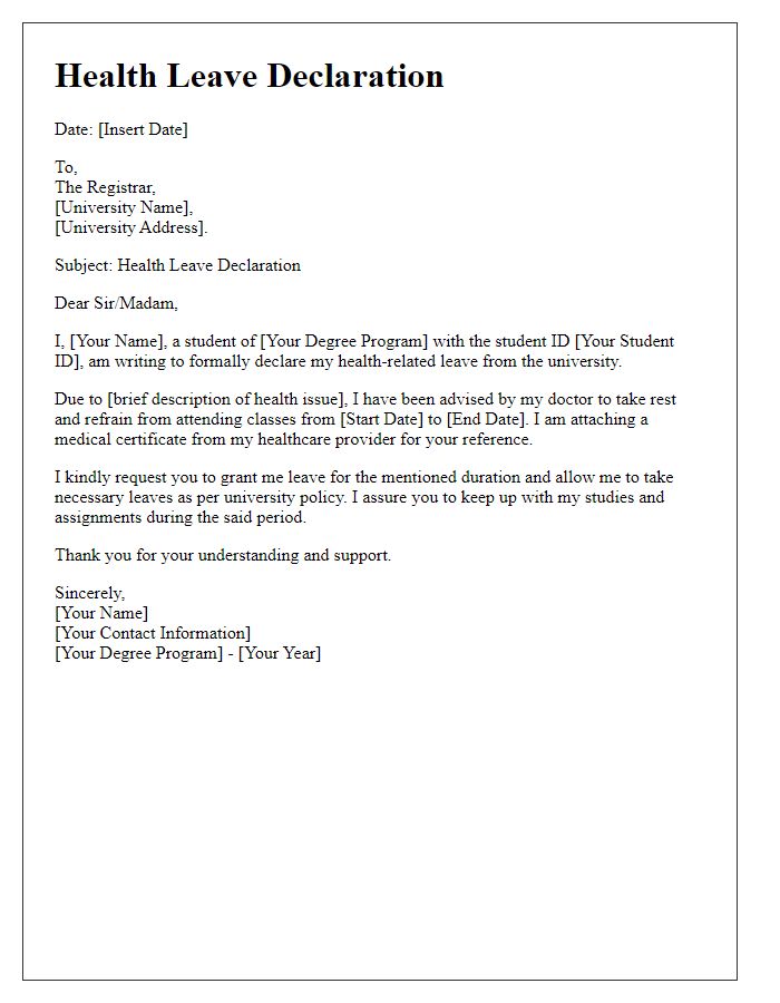 Letter template of student health leave declaration for university