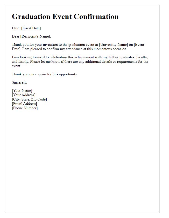 Letter template of confirmation for attending university graduation event