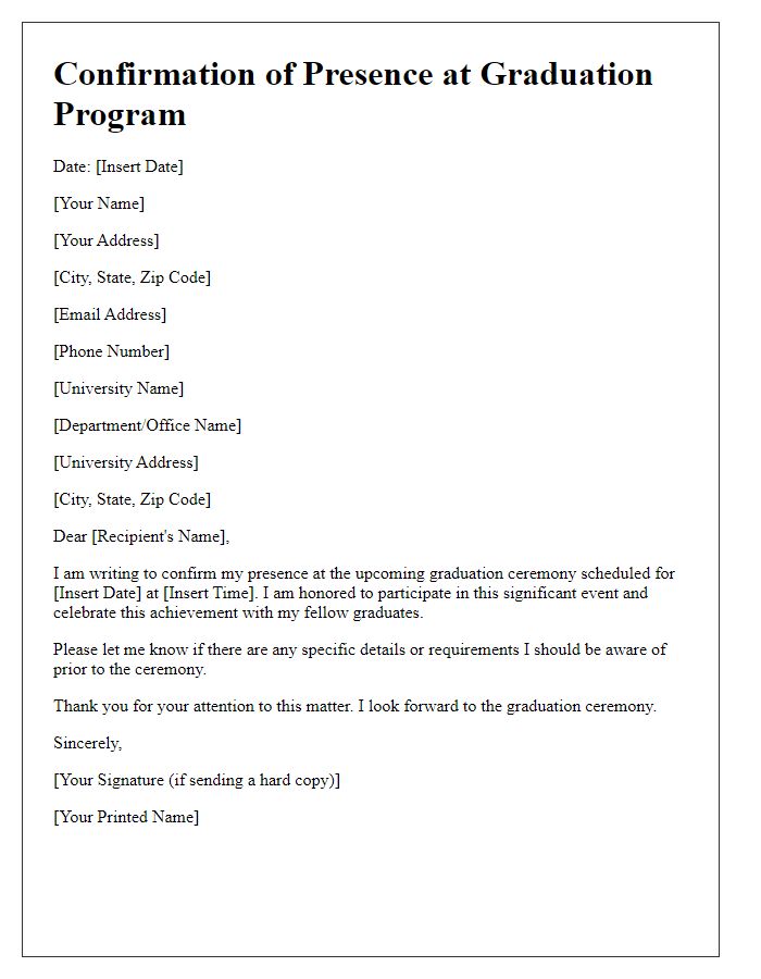 Letter template of confirmation of presence at university graduation program