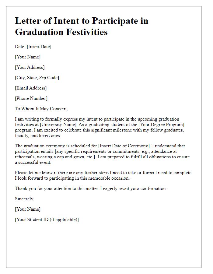 Letter template of intent to participate in university graduation festivities