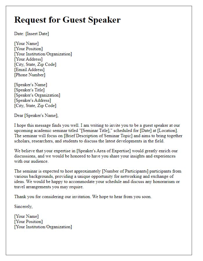 Letter template of guest speaker request for an academic seminar