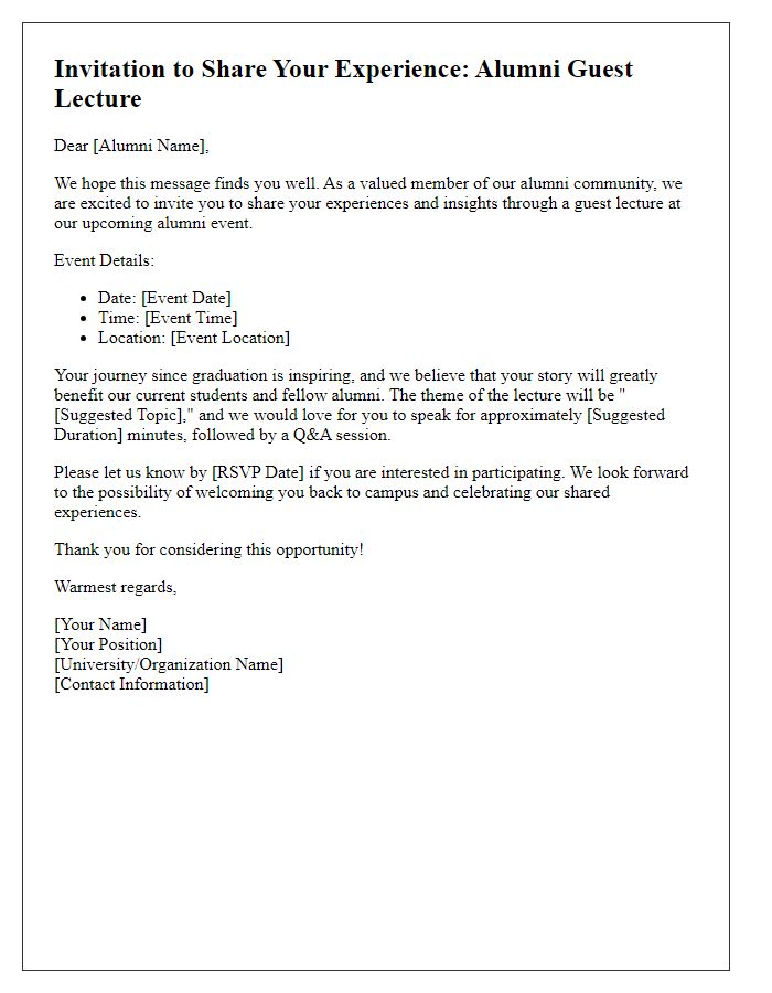 Letter template of invitation for alumni to share experiences through a guest lecture