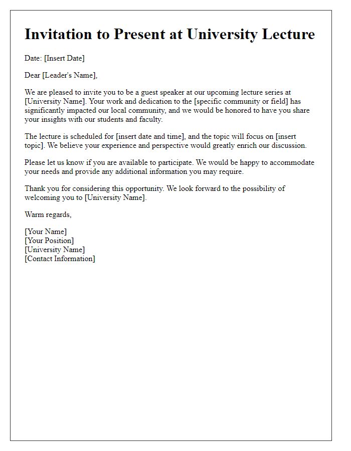 Letter template of invite for a local community leader to present at a university lecture