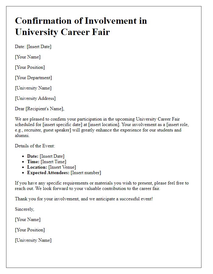 Letter template of confirmation for university career fair involvement