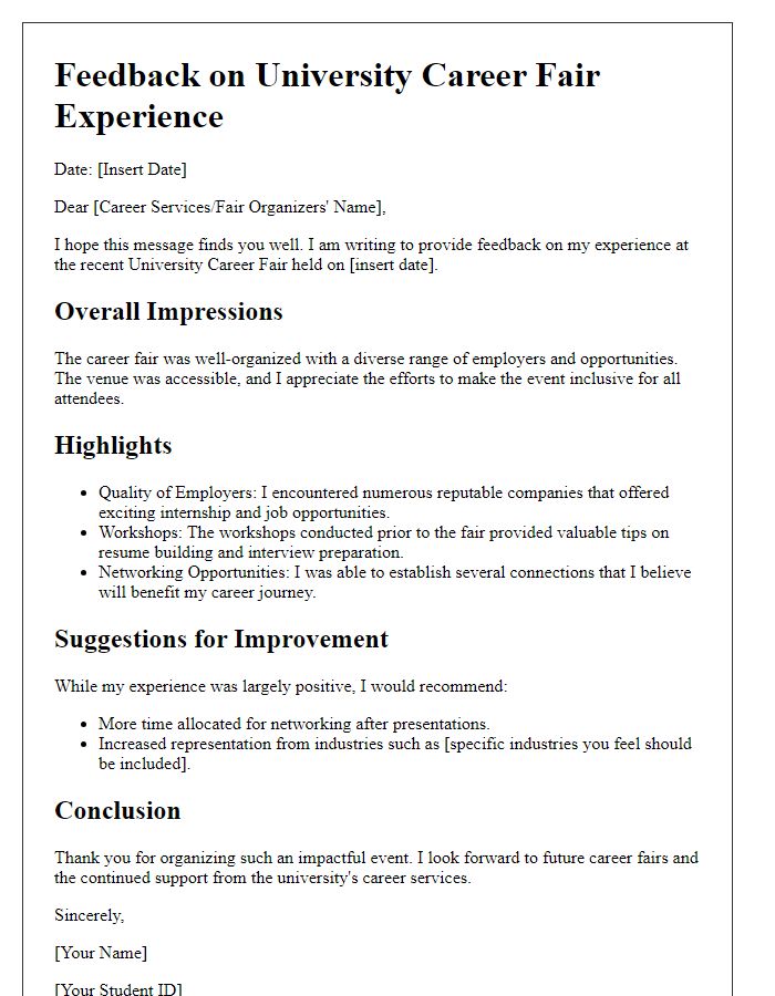 Letter template of feedback for university career fair experience