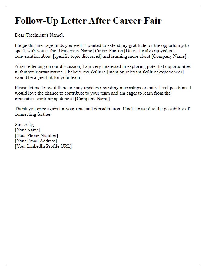 Letter template of follow-up for university career fair opportunities