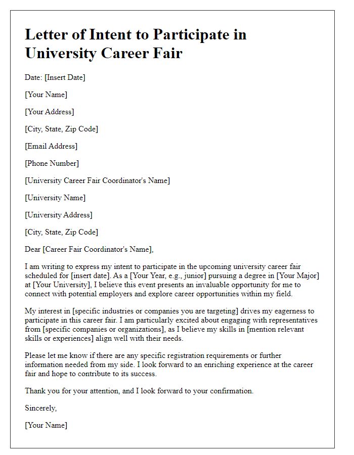 Letter template of intent for university career fair participation