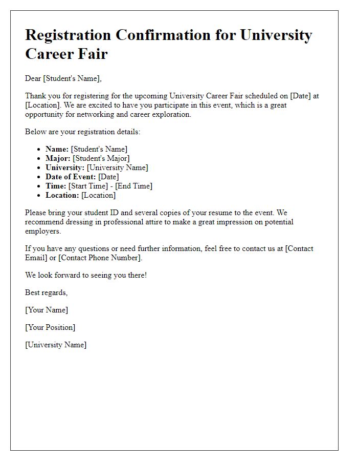 Letter template of registration for university career fair attendance