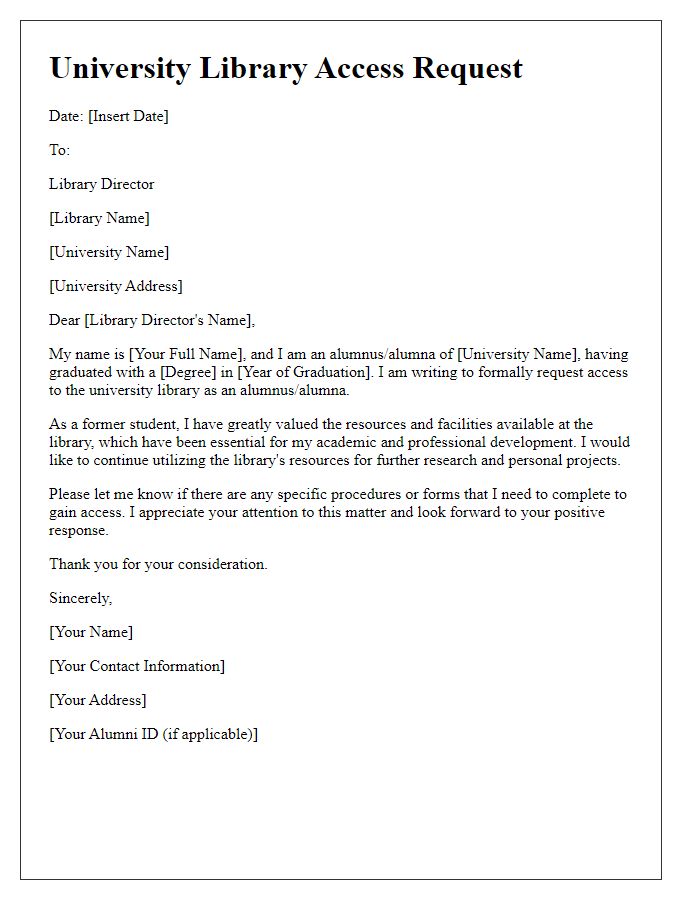 Letter template of university library access request for alumni.