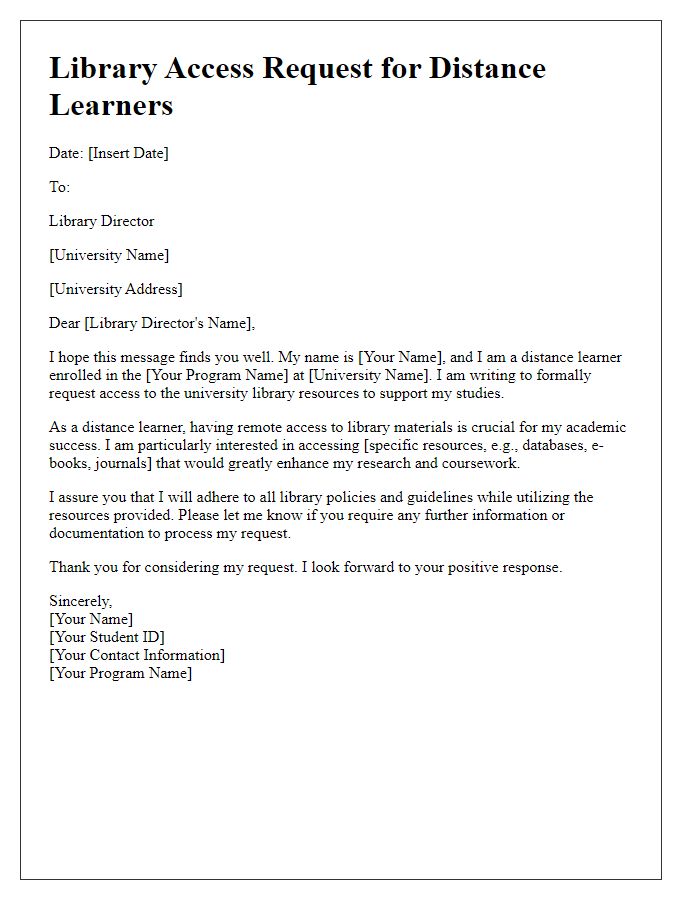 Letter template of university library access request for distance learners.