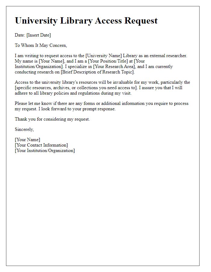 Letter template of university library access request for external researchers.