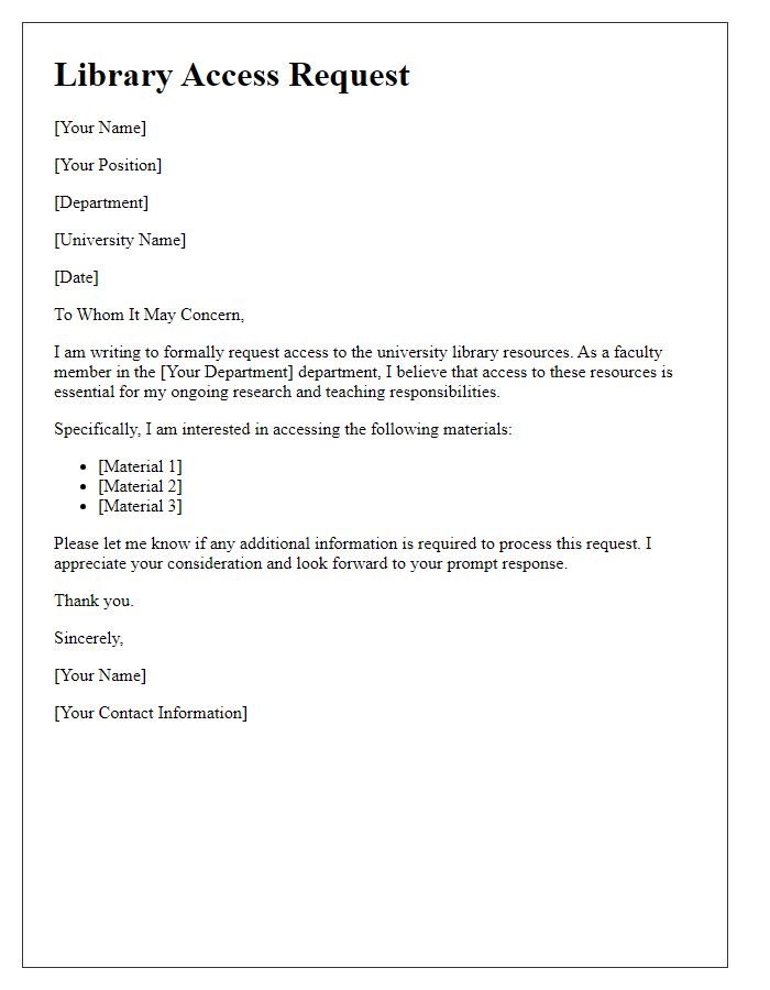 Letter template of university library access request for faculty members.