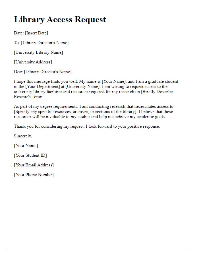 Letter template of university library access request for graduate students.