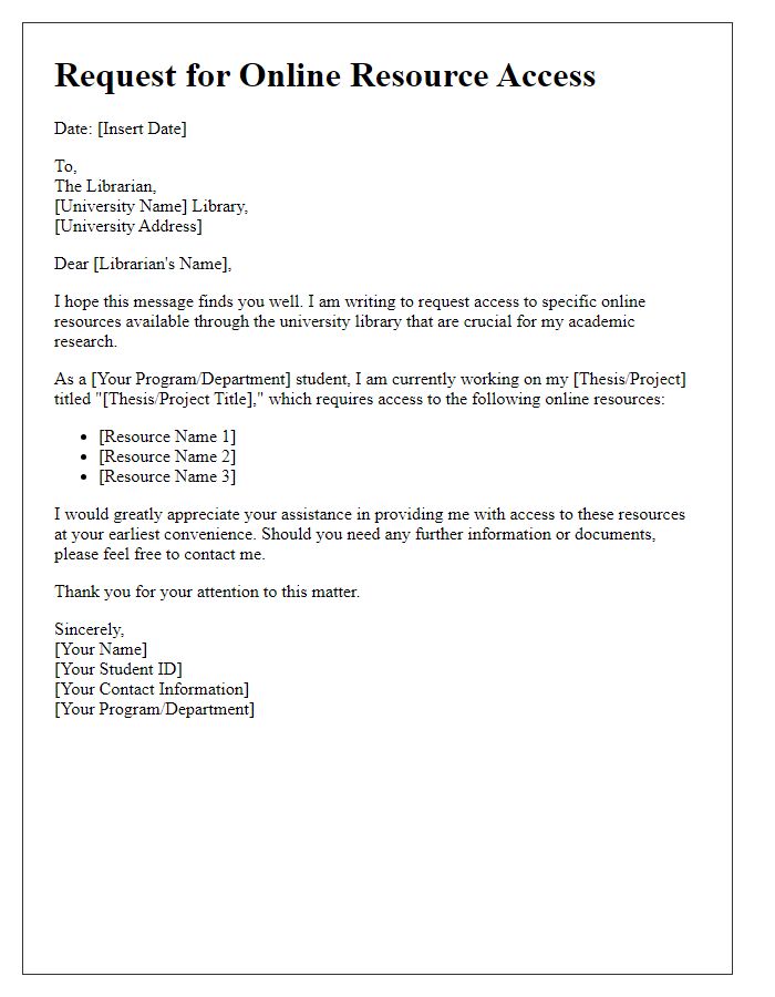 Letter template of university library access request for online resource access.