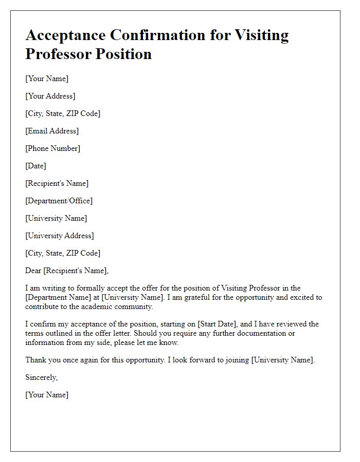 Letter template of acceptance confirmation for university visiting professor position